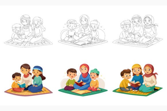 Mother & Child Reading: AI EPS Art Set